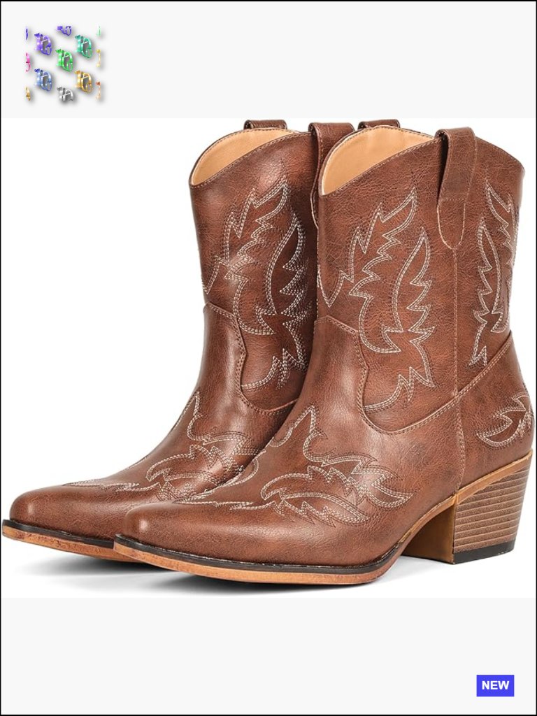 Women's Embroidered Pointed Toe Chunky Heel Western Ankle Booties Retro Cowgirl